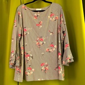 Lovely and classy bell sleeved blouse black striped with cherry blossom detail